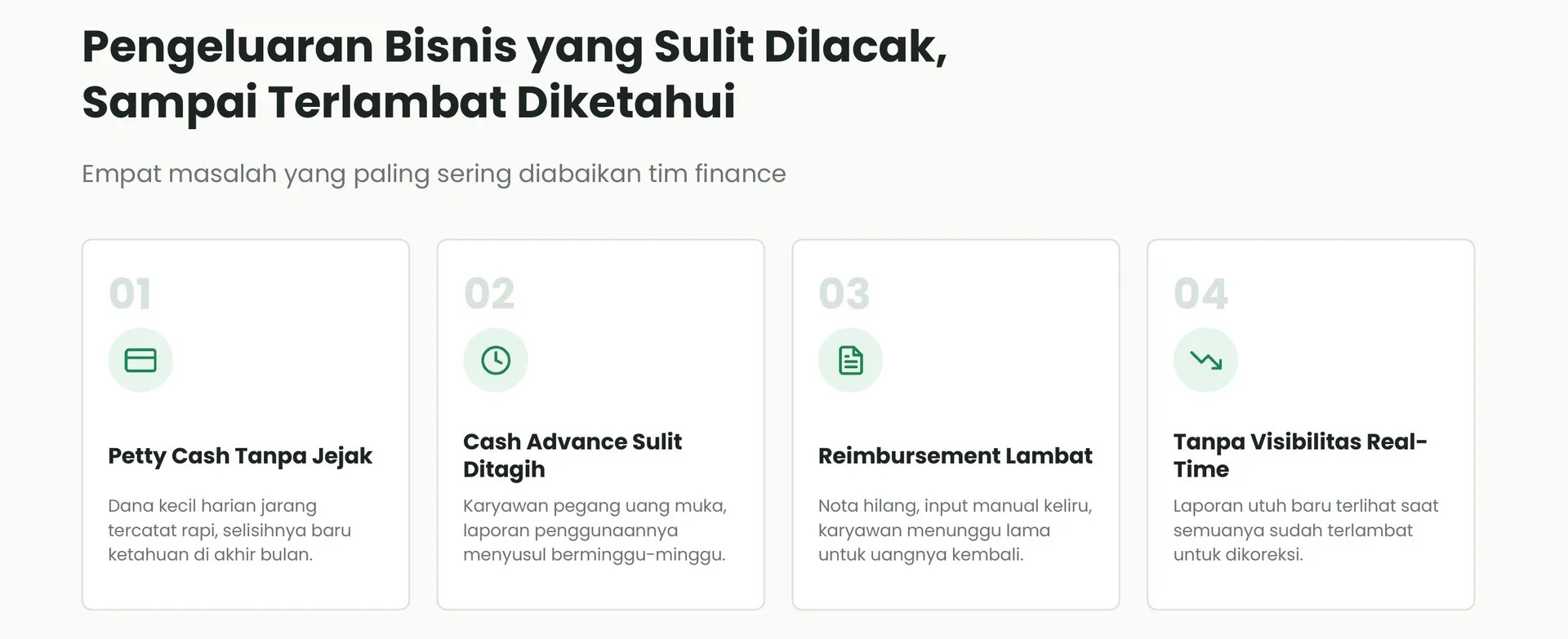 Empat masalah utama expense manual yang sering diabaikan tim finance: petty cash tanpa jejak, cash advance sulit ditagih, reimbursement lambat, dan tanpa visibilitas real-time.