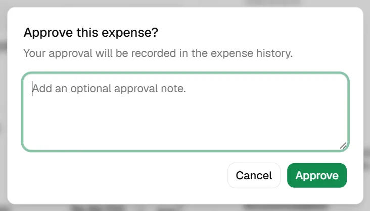 Approve modal di Spensify — approver dapat menyetujui expense beserta catatan approval.