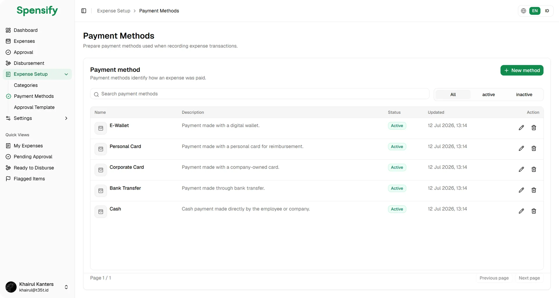 Payment Methods di Spensify — E-Wallet, Personal Card, Corporate Card, Bank Transfer, dan Cash.