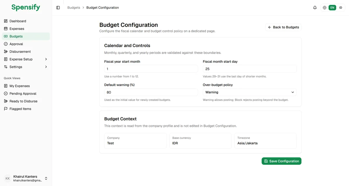 Budget Configuration di Spensify — mengatur fiscal calendar, default warning, dan over-budget policy (warning/block).